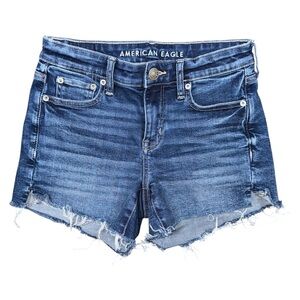 American Eagle AE Stretch Midi Jean Shorts Size 4 Frayed Hem Blue Denim